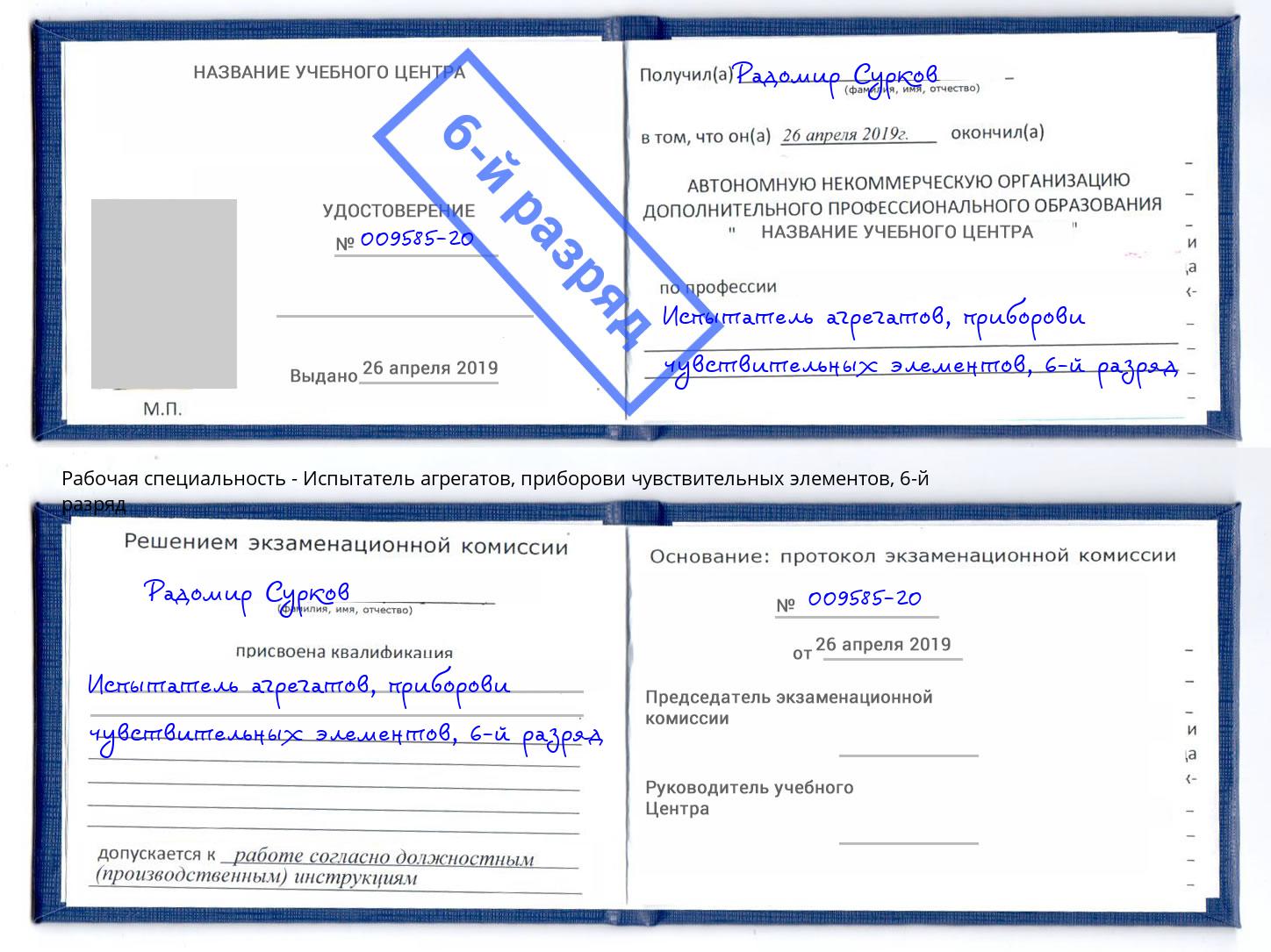корочка 6-й разряд Испытатель агрегатов, приборови чувствительных элементов Киров