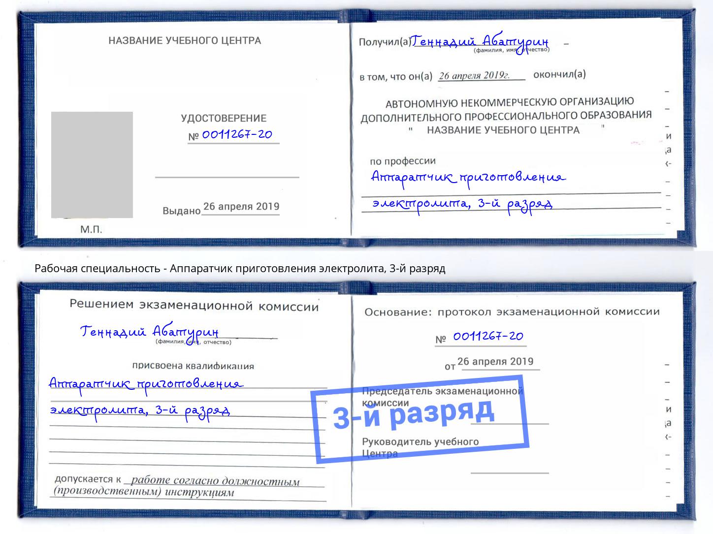 корочка 3-й разряд Аппаратчик приготовления электролита Киров