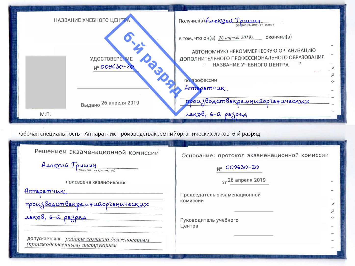 корочка 6-й разряд Аппаратчик производствакремнийорганических лаков Киров