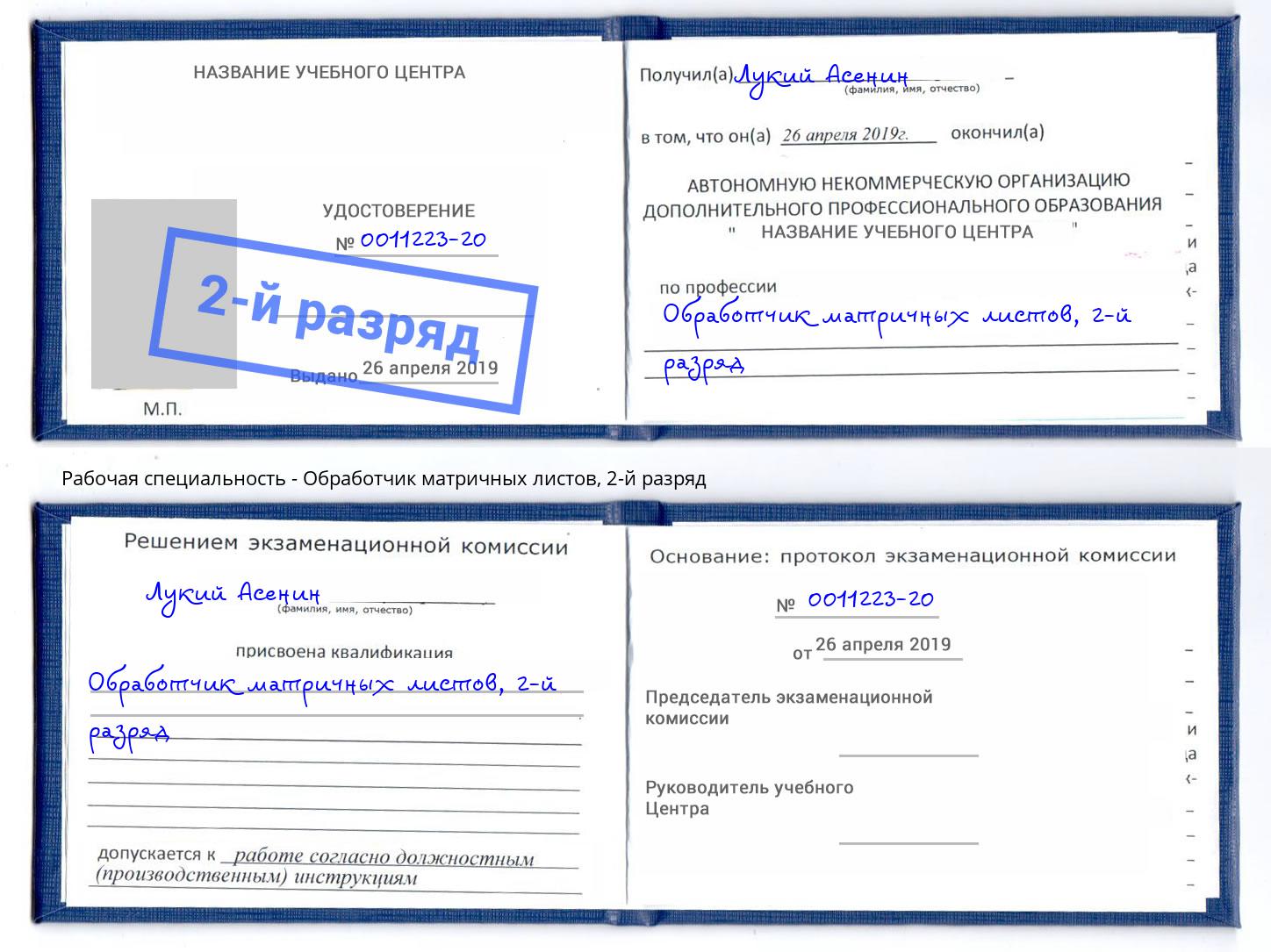 корочка 2-й разряд Обработчик матричных листов Киров