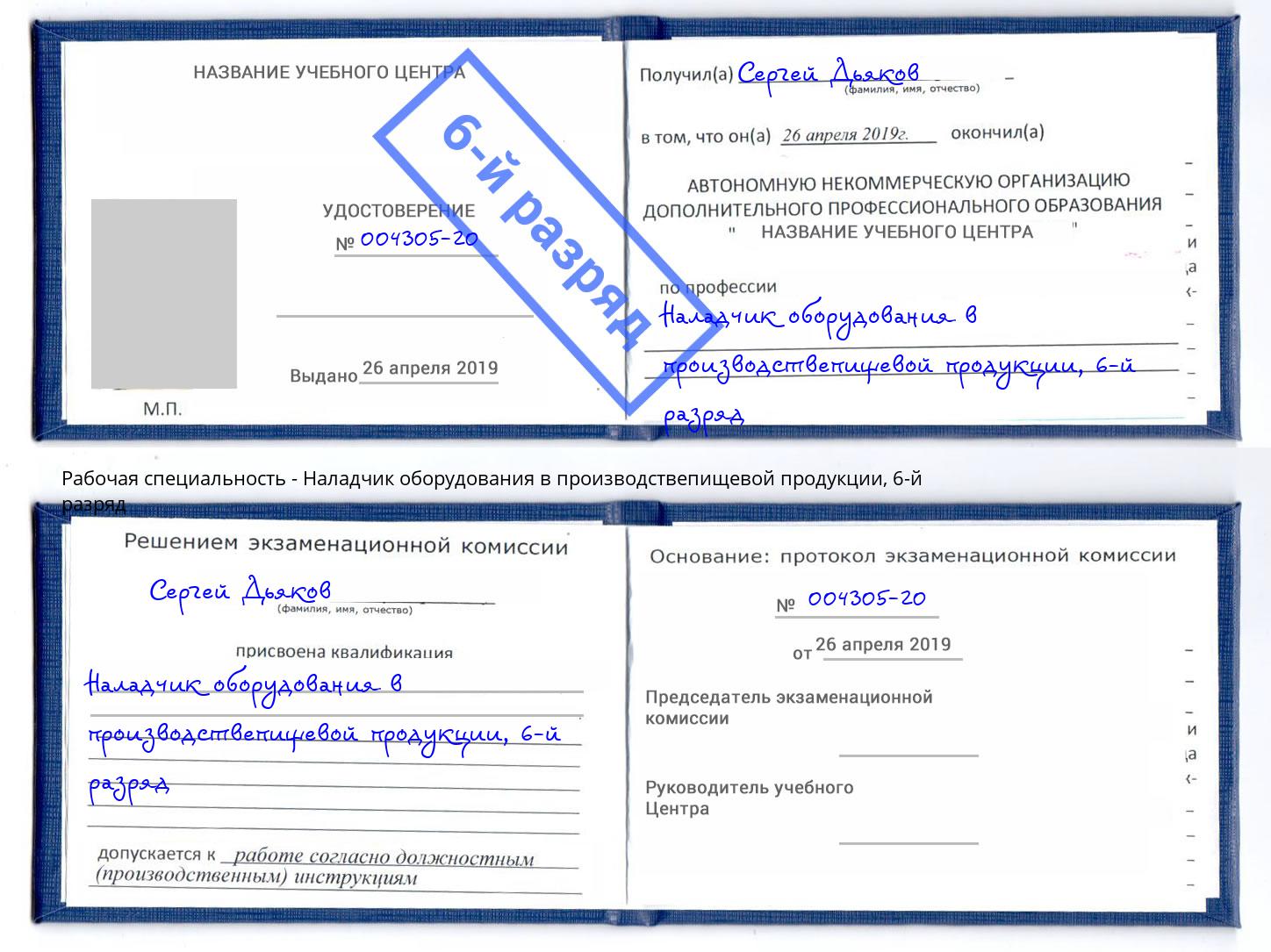 корочка 6-й разряд Наладчик оборудования в производствепищевой продукции Киров