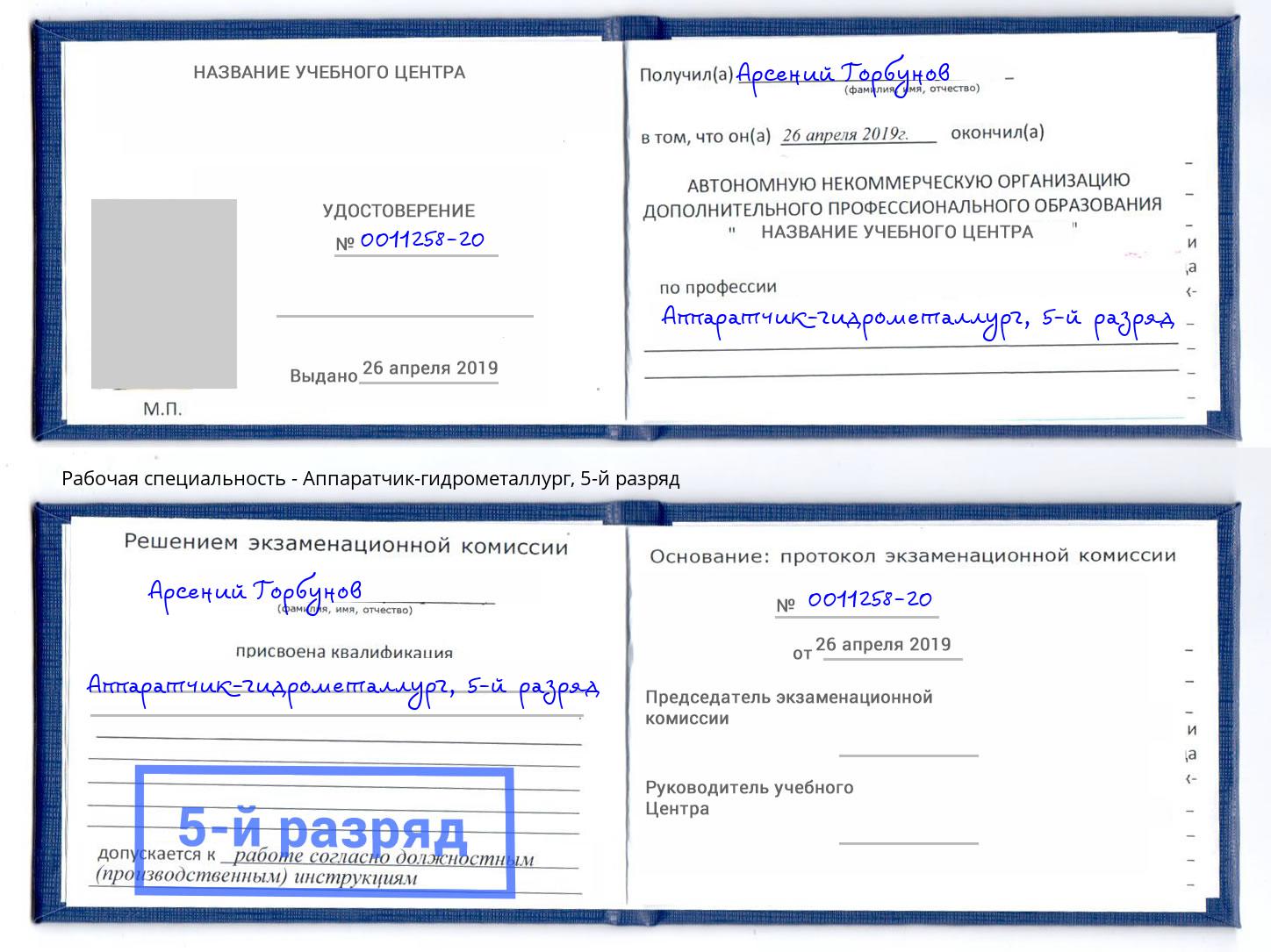 корочка 5-й разряд Аппаратчик-гидрометаллург Киров