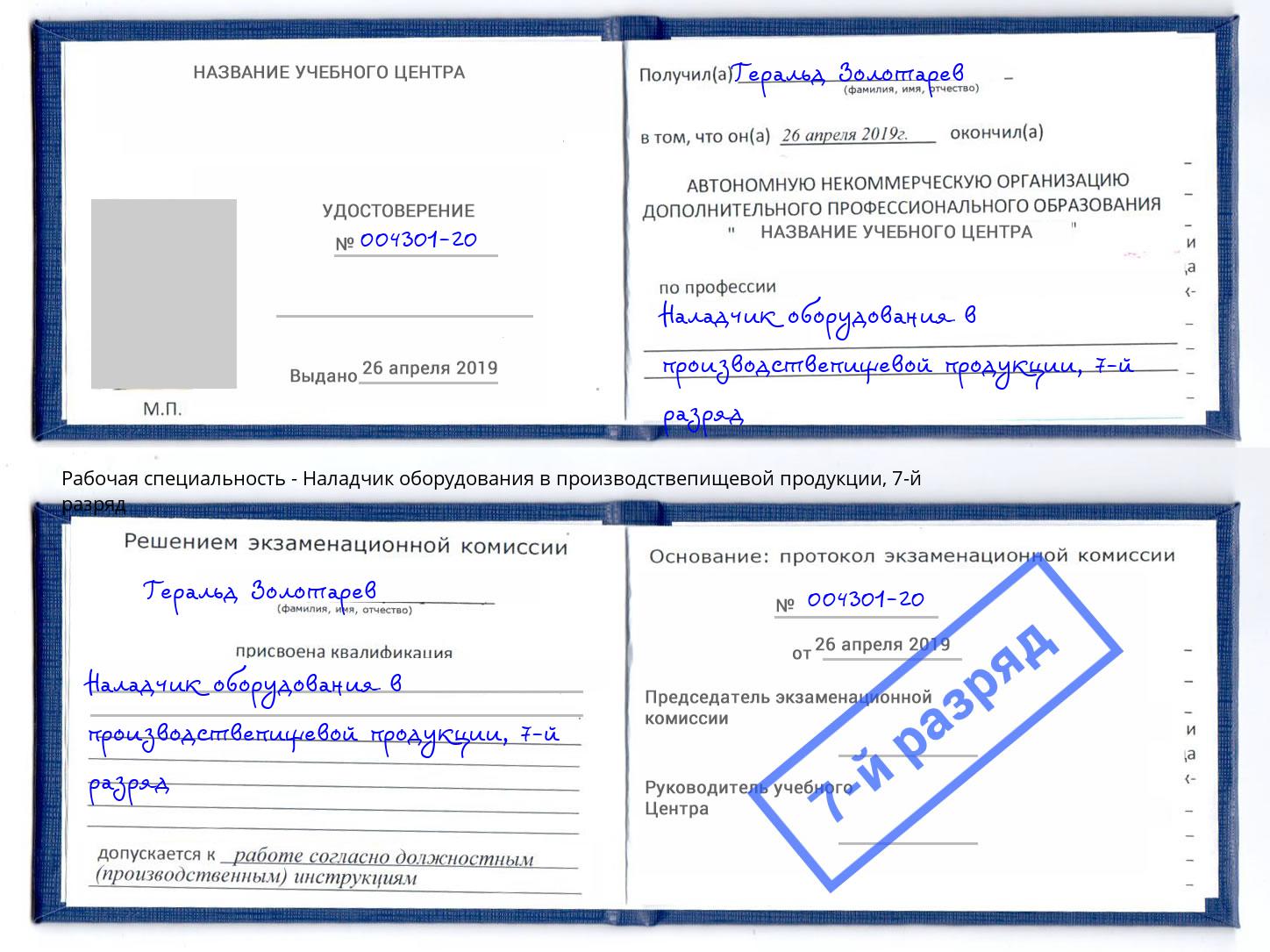 корочка 7-й разряд Наладчик оборудования в производствепищевой продукции Киров