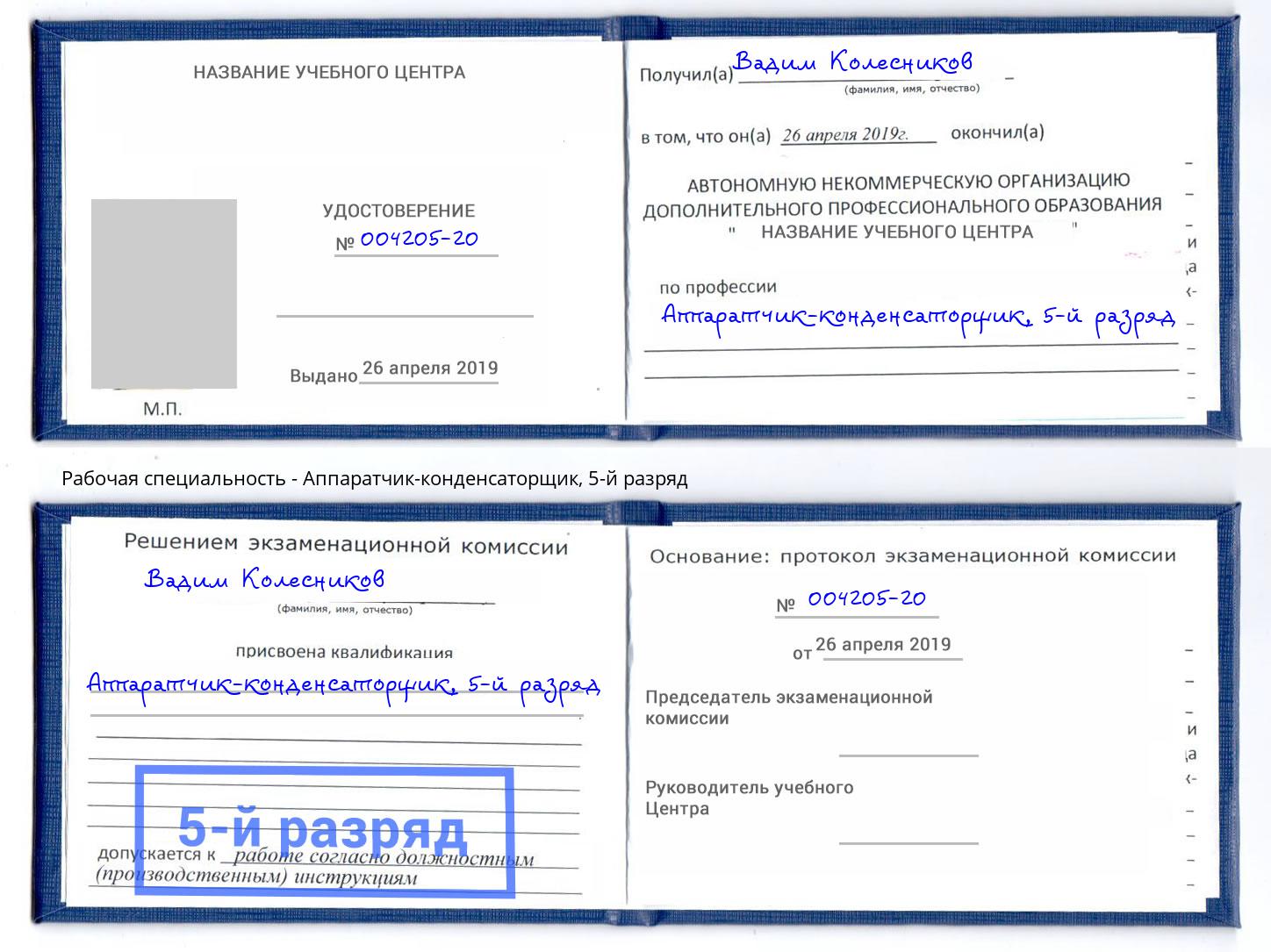 корочка 5-й разряд Аппаратчик-конденсаторщик Киров
